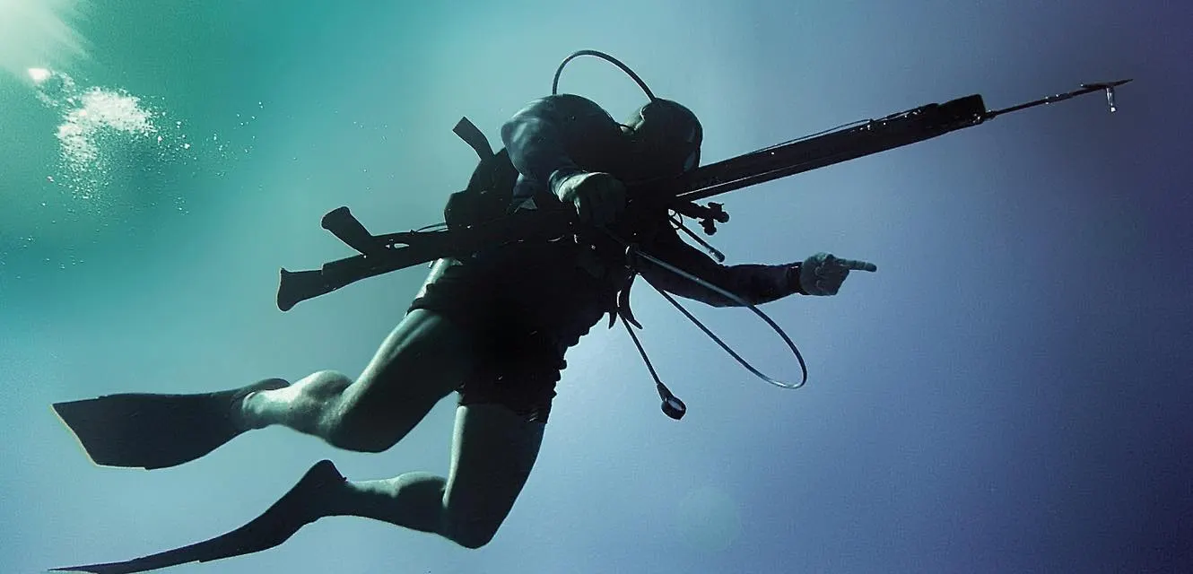 Spearfishing divers in blue Florida Keys water